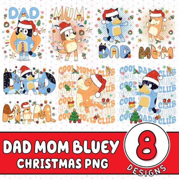 Bluey Christmas Family Png Bundle, Bluey Dad Mom Christmas, Blue Dog Family Png, Bluey Pink Christmas Png Bundle, Bluey Christmas