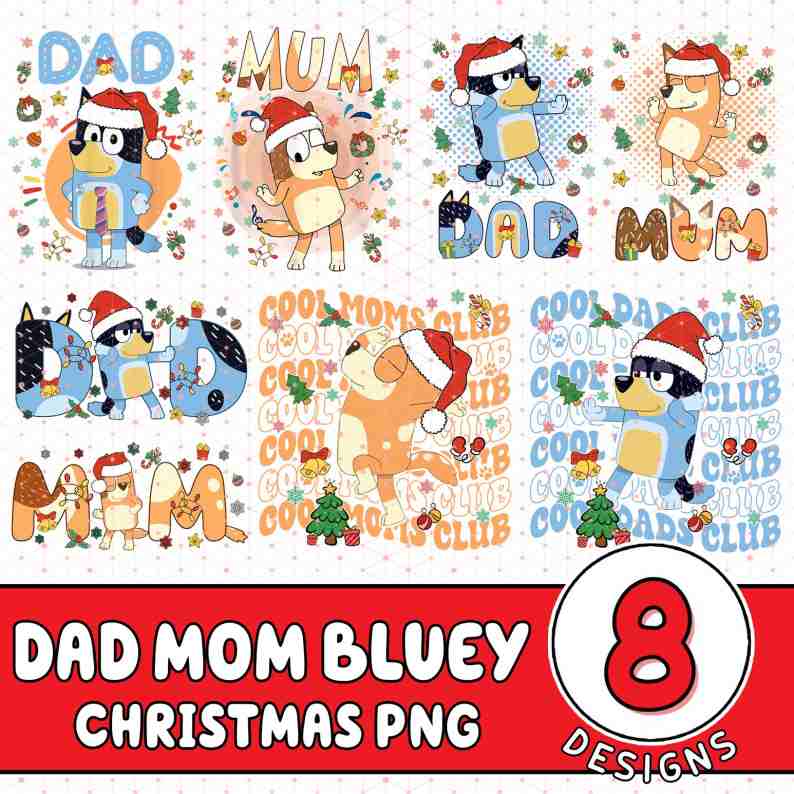Bluey Christmas Family Png Bundle, Bluey Dad Mom Christmas, Blue Dog Family Png, Bluey Pink Christmas Png Bundle, Bluey Christmas Digforest.com