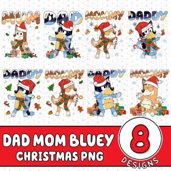 Bluey Daddy Mommy Christmas Family PNG Bundle Bluey Christmas, Blue Dog Family Png, Pink Christmas Cartoon Png Bundle, Bluey Christmas