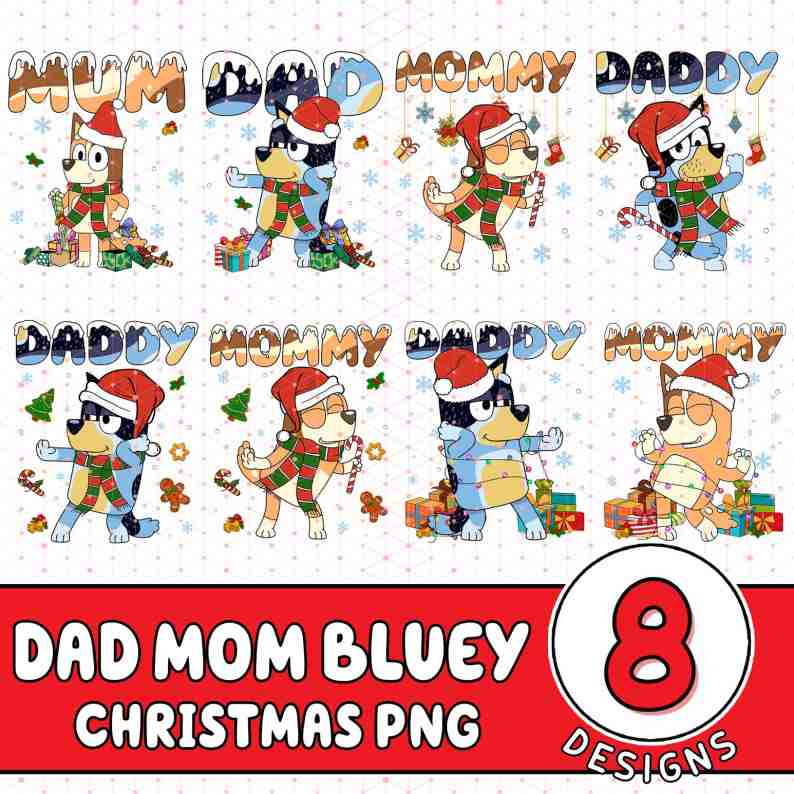 Bluey Daddy Mommy Christmas Family PNG Bundle Bluey Christmas, Blue Dog Family Png, Pink Christmas Cartoon Png Bundle, Bluey Christmas Digforest.com
