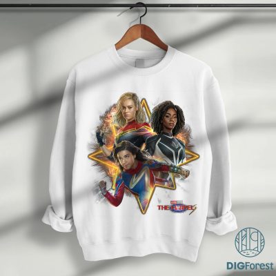 The Marvels Super Hero Trio Energy Glitch Poster T-Shirt | The Marvels Movie PNG | Carol Danvers Monica Rambeau Shirt | Avengers Team