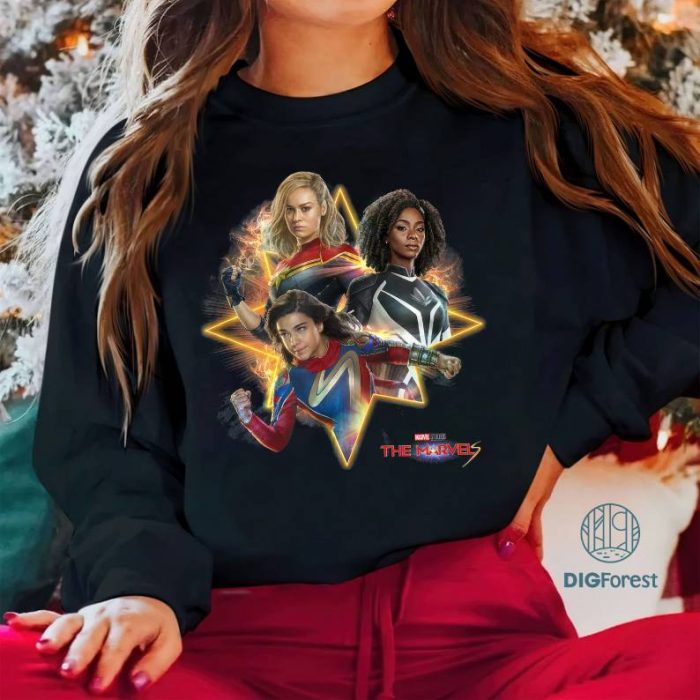 The Marvels Super Hero Trio Energy Glitch Poster T-Shirt | The Marvels Movie PNG| Carol Danvers Monica Rambeau Shirt | Avengers Team