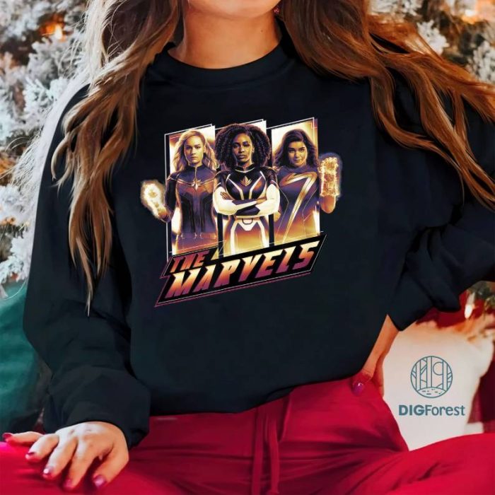 The Marvels Super Hero Trio Energy Gradient Poster T-Shirt | The Marvels Movie PNG| Carol Danvers Monica Rambeau Shirt | Avengers Team