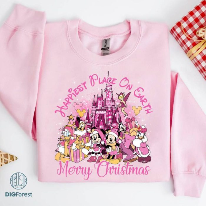 The Happiest Place On Earth Shirt | Disney Mickey and Friends Pink Christmas Png | Mickey Family Xmas Png | Magic Kingdom Merry Christmas Shirt | Digital Download