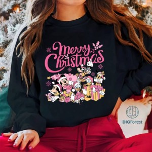 Pink Disney Mickey Merry Christmas Shirt Hoodie Png, Mickey and Friends Xmas Party Shirt, Retro Magic Kingdom Pink Christmas Shirt, Digital Download