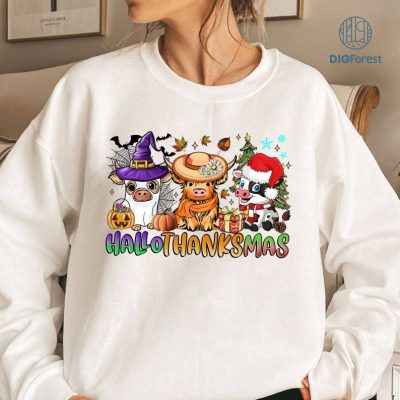 Halloween Thanksgiving Christmas Png | Cow Happy Hallothanksmas Coffee Shirt | Funny Farm Animal Halloween Png | Christmas Tee | Digital Download