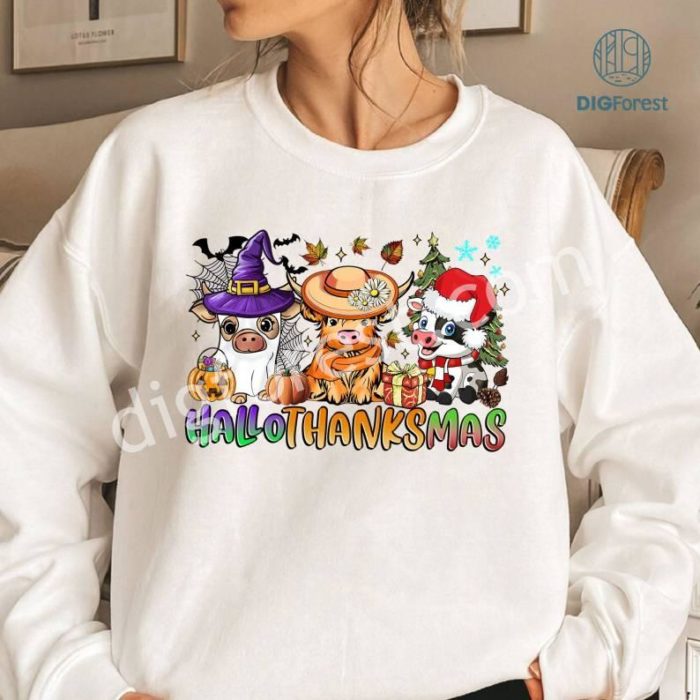 Halloween Thanksgiving Christmas Png | Cow Happy Hallothanksmas Coffee Shirt | Funny Farm Animal Halloween Png | Christmas Tee | Digital Download