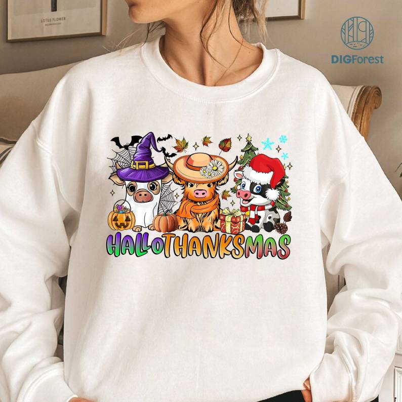 Halloween Thanksgiving Christmas Png | Cow Happy Hallothanksmas Coffee Shirt | Funny Farm Animal Halloween Png | Christmas Tee | Digital Download Digforest.com