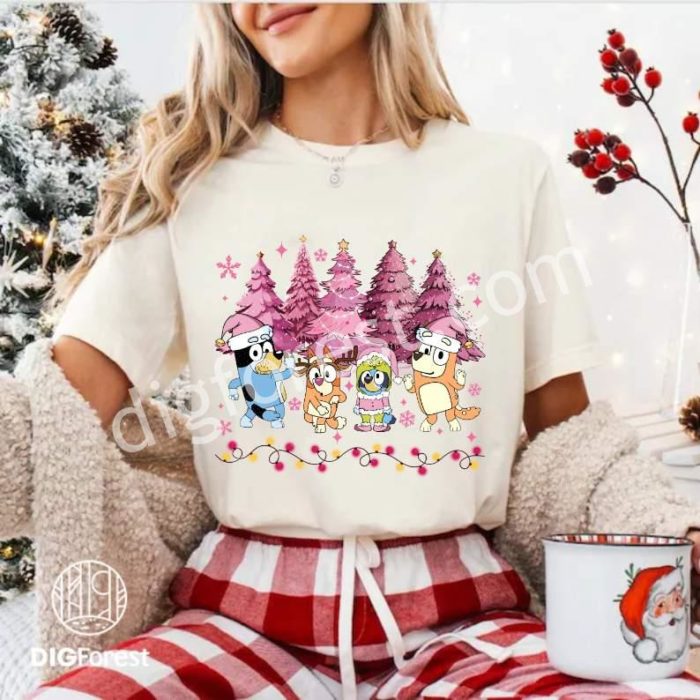 Bluey Christmas Coffee Shirt | Bluey Family Christmas Tee | Pink Christmas Tree Shirt | Bluey Theme Holiday Shirt | Christmas Coffee Lover Shirt