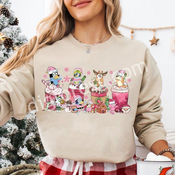 Bluey Christmas Coffee Shirt | Bluey Family Christmas Tee | Pink Christmas Tree Shirt | Bluey Theme Holiday Shirt | Christmas Coffee Lover Shirt