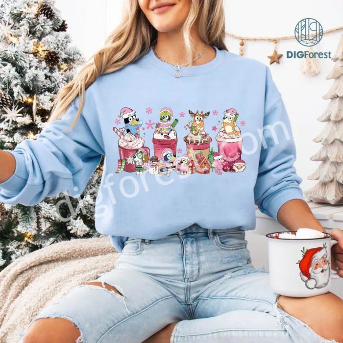 Bluey Christmas Coffee Shirt | Bluey Family Christmas Tee | Pink Christmas Tree Shirt | Bluey Theme Holiday Shirt | Christmas Coffee Lover Shirt