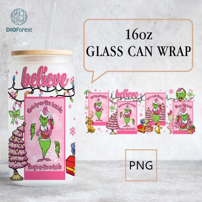 Merry Grinchmas 16oz Libbey Glass Can Wrap Design Digital | The Grinch Christmas 2023 PNG | Grinch Coffee Tumbler Wrap PNG