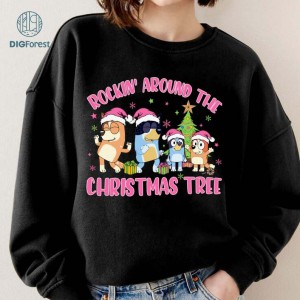 Bluey Rocking Around The Christmas Tree Png, Pink Christmas Tree, Christmas Bluey Family Shirt, Bluey Theme Tee