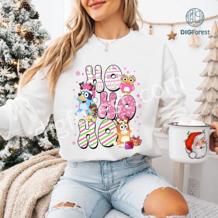 Bluey Pink Hohoho Christmas Shirt | Bluey Kids Christmas Tee | Bluey Family Christmas Shirt | Bluey Theme Xmas Shirt | Very Merry Bluey Christmas