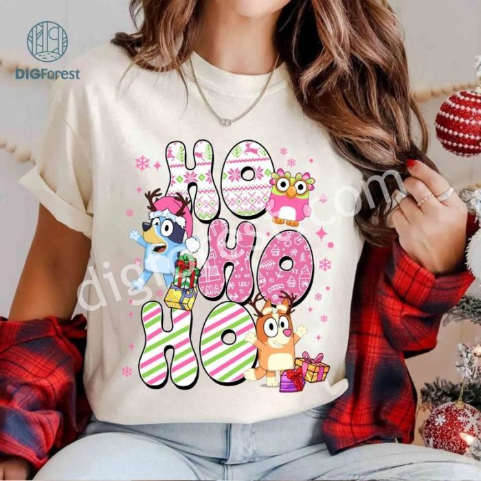 Bluey Pink Hohoho Christmas Shirt | Bluey Kids Christmas Tee | Bluey Family Christmas Shirt | Bluey Theme Xmas Shirt | Very Merry Bluey Christmas