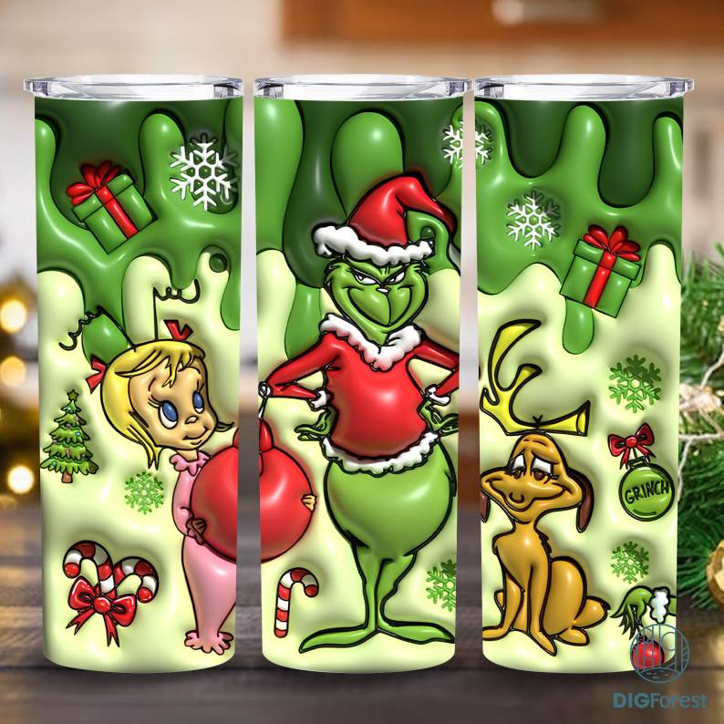 3D Inflated Christmas 20 Oz Skinny Tumbler Png, Grinchmas Png, Merry Xmas Png, Christmas 20oz Tumbler Wrap, Grinch Christmas Movies Png Digforest.com