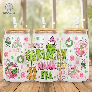 Merry Grinchmas 16oz Libbey Glass Can Wrap Design Digital PNG | In My Grinch Mom Era Tumbler Png | Grinch Coffee Tumbler Wrap PNG