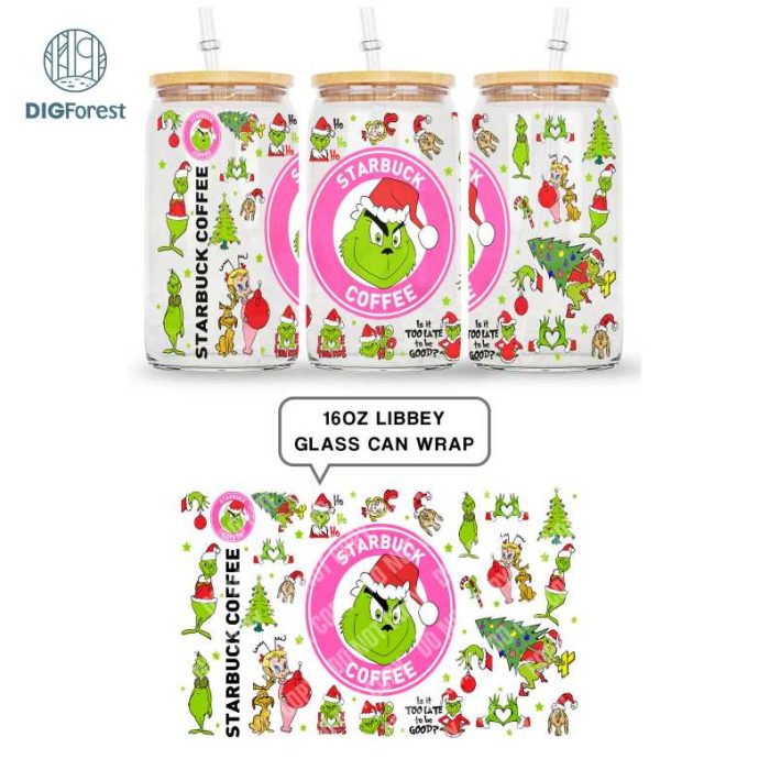 Merry Grinchmas 16oz Libbey Glass Can Wrap Design Digital PNG | Grinch Coffee Tumbler Wrap PNG | The Grinch Christmas 2023