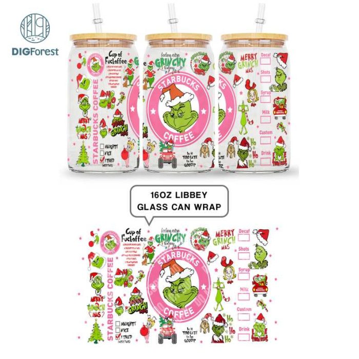 Merry Grinchmas 16oz Libbey Glass Can Wrap Design | The Grinch Christmas 2023 | Grinch Coffee Tumbler Wrap PNG