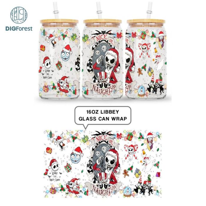 Nightmare Before Christmas 16oz Glass Wrap Disneyland Design | Xmas Friends Jack Horror 16oz Libbey Glass Can Wrap Png | Instant Download