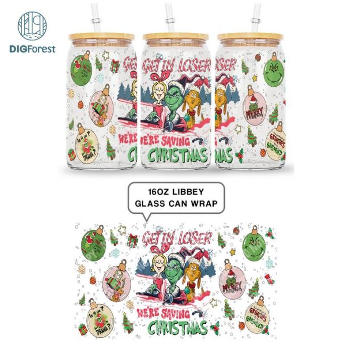 Merry Grinchmas 16oz Libbey Glass Can Wrap Design Digital PNG | The Grinch Christmas 2023 | Grinch Coffee Tumbler Wrap PNG Grinch Christmas