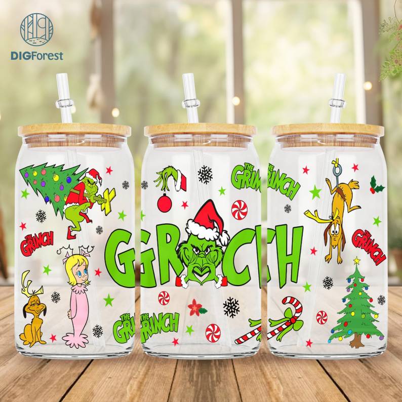 The Grinch Christmas 2023 | Merry Grinchmas 16oz Libbey Glass Can Wrap Design Digital PNG | Grinch Coffee Tumbler Wrap PNG Grinch Christmas Digforest.com