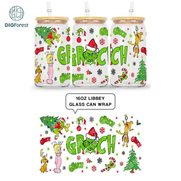 The Grinch Christmas 2023 | Merry Grinchmas 16oz Libbey Glass Can Wrap Design Digital PNG | Grinch Coffee Tumbler Wrap PNG Grinch Christmas