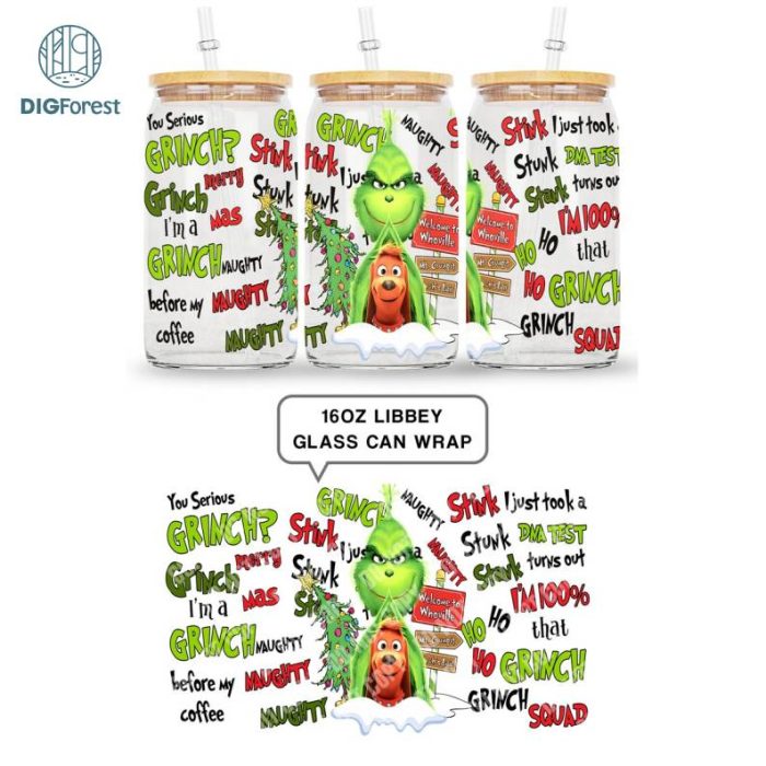Grinch Coffee Tumbler Wrap PNG Grinch Christmas | Merry Grinchmas 16oz Libbey Glass Can Wrap Design Digital PNG | The Grinch Christmas 2023