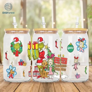 Merry Grinchmas 16oz Libbey Glass Can Wrap Design Digital PNG | Grinch Coffee Tumbler Wrap PNG Grinch Christmas | The Grinch Christmas 2023