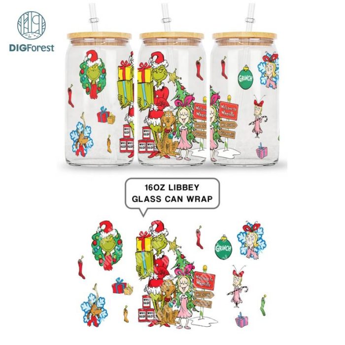 Merry Grinchmas 16oz Libbey Glass Can Wrap Design Digital PNG | Grinch Coffee Tumbler Wrap PNG Grinch Christmas | The Grinch Christmas 2023