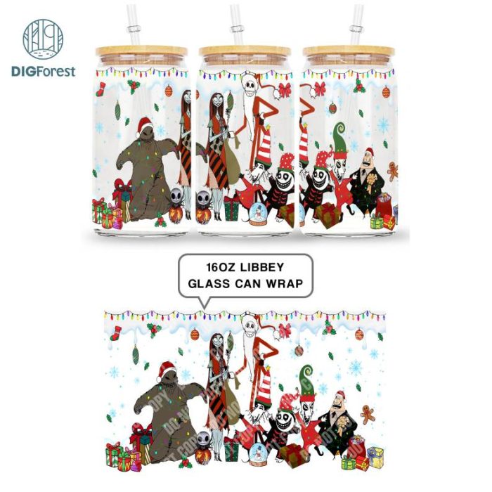 Horror Jack Christmas Glass Can Digital PNG | Xmas Nightmare Movie 16oz Libbey Glass Can Wrap Design Png | Xmas Friends Jack Horror png