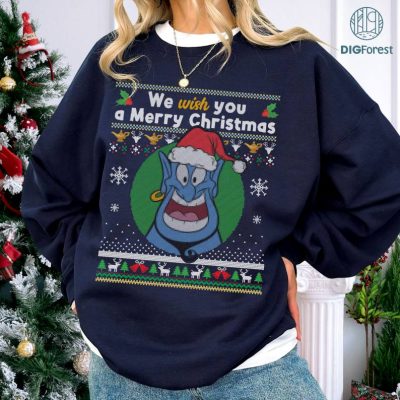 Disney Aladdin Genie Ugly Christmas PNG, We Wish You A Merry Christmas Sweatshirt, Genie Ugly Sweater Shirt, Disneyland Ugly Xmas Shirt