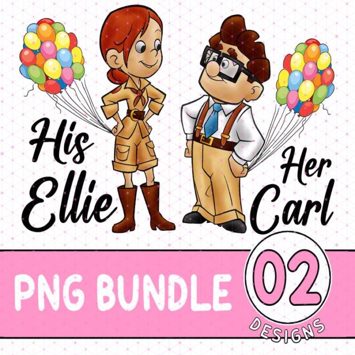 Disney Carl and Ellie Couple Matching PNG, His and Hers Family Honeymoon Vacation T-shirts , Mr and Mrs, Bride and Groom, Wife and Husband