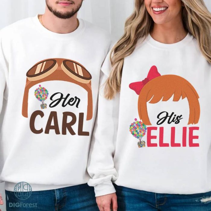 Disney Carl and Ellie Couple Matching PNG, His and Hers Family Honeymoon Vacation T-shirts , Mr and Mrs, Bride and Groom, Wife and Husband