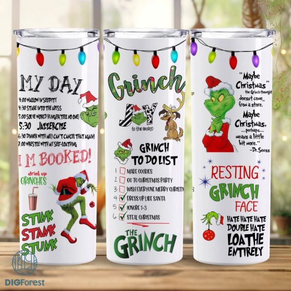 Grinch To Do List Christmas 20 oz Skinny Tumbler | The Grinch Designs Straight Tumbler PNG | Christmas Stainless Steel 20oz Tumbler With Straw