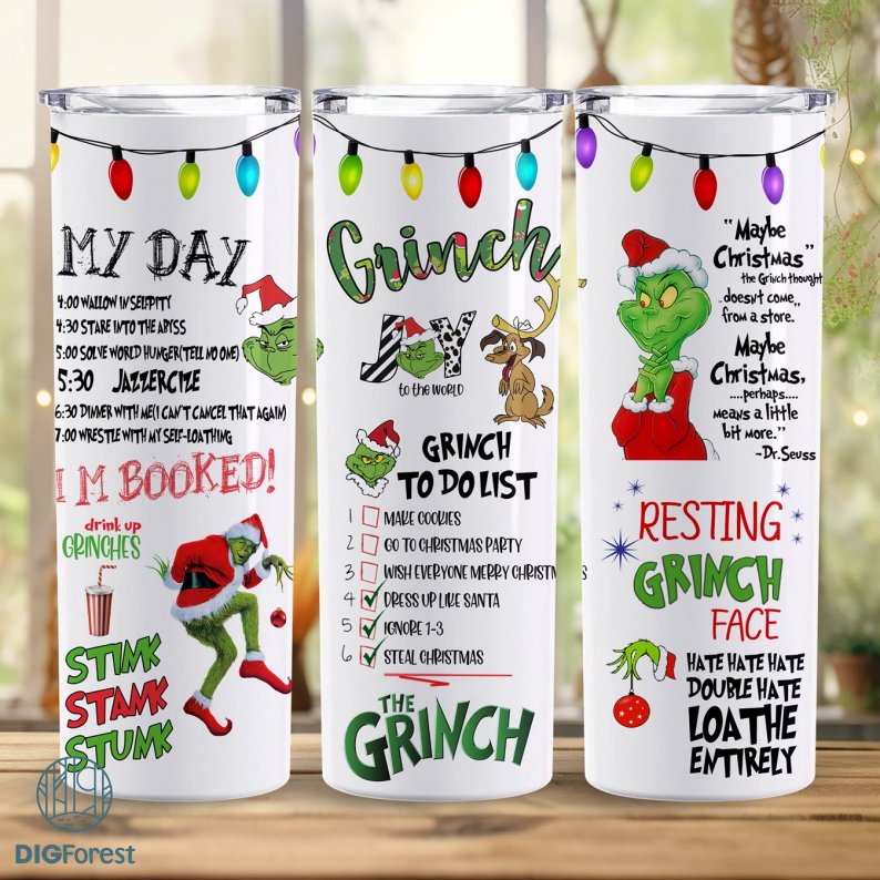 Grinch To Do List Christmas 20 oz Skinny Tumbler | The Grinch Designs Straight Tumbler PNG | Christmas Stainless Steel 20oz Tumbler With Straw Digforest.com