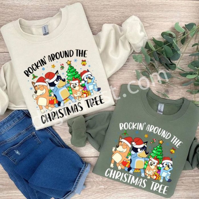 Bluey Christmas Sweatshirt | Rocking Around The Christmas Tree PNG | Kids Bluey Xmas Shirt | Bluey Sweatshirt | Kids Christmas Shirt