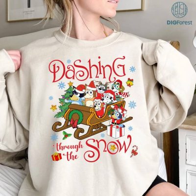Bluey and Bingo Family Merry Christmas 2023 Tshirt | Bluey Dashing Through The Snow PNG| Blue Dog Christmas Shirt | Bluey and Bingo