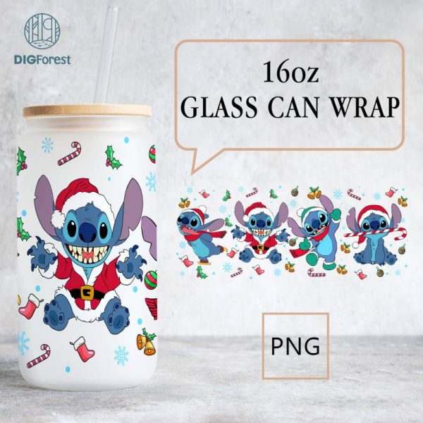 Disney Stitch Christmas Tumbler Wrap, Full Glass Can Wrap, Cartoon Tumbler PNG, Christmas Can Glass, Cartoon Tumbler Wrap, 16oz Libbey Glass Can, Png Download
