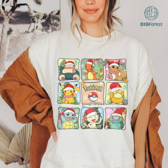 Christmas Pikachu Shirt, PKM Anime Merry Christmas Png Sublimation Instant File Digital, Download PNG, Eevee Png, Bulbasaur Png