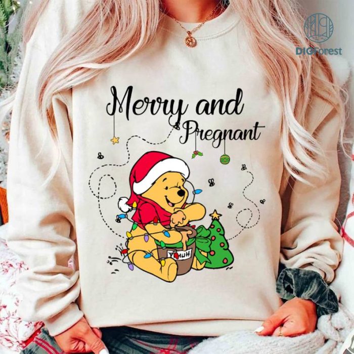 Disney Merry and Pregnant PNG, Merry Christmas Shirt, Christmas Pregnancy, Pregnancy Reveal, Winnie The Pooh, Christmas Baby, Pregnancy Announcement Shirt