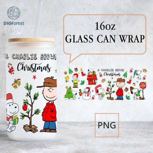 Peanuts Christmas Charlie Brown 16oz Glass Can, Christmas Carton Movie 16oz Libbey Can Wrap PNG, Dog Christmas Can Wrap 16oz, Libbey 16oz Glass Can Wrap