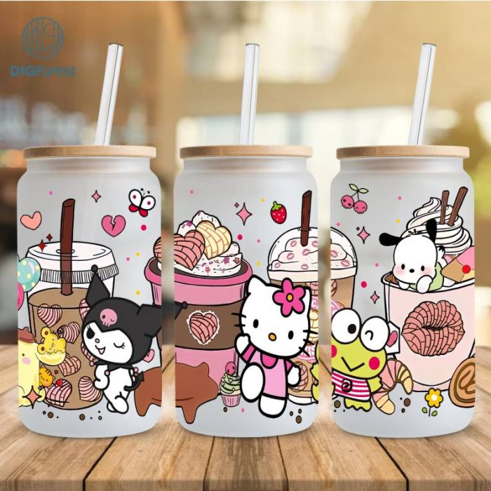 Kawaii Pink Cafecito Y Chisme Tumbler Wrap, 16oz Can Glass Wrap, Friends Coffee Wrap, Cartoon Tumbler Wrap, Hello Cat Png