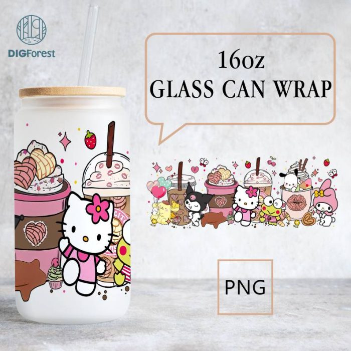 Kawaii Pink Cafecito Y Chisme Tumbler Wrap, 16oz Can Glass Wrap, Friends Coffee Wrap, Cartoon Tumbler Wrap, Hello Cat Png