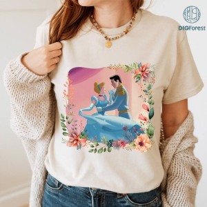 Vintage Floral Princess Cinderella and Prince Charming PNG | Cinderella Princess Lover Shirt | Cinderella Fan Movie Sweatshirt | Bday Gift