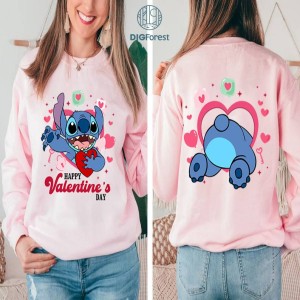 Disney Two-sided Stitch Disney Funny Valentine's Day Shirt, Flower Heart Valentine Gifts 2024, WDW Disneyland Valentine Couple Matching Love Tee