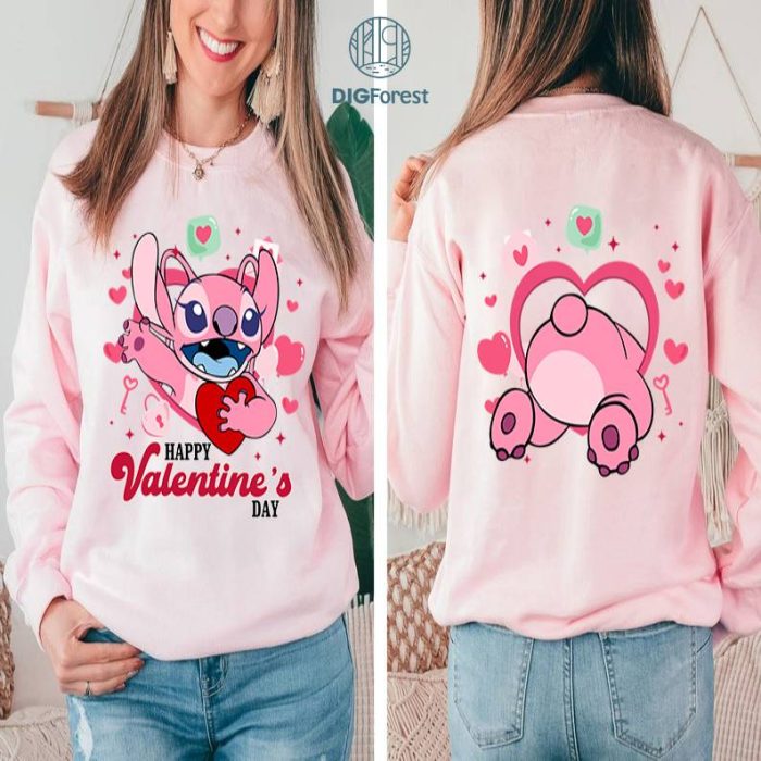 Disney Two-sided Stitch Disney Funny Valentine's Day Shirt, Flower Heart Valentine Gifts 2024, WDW Disneyland Valentine Couple Matching Love Tee