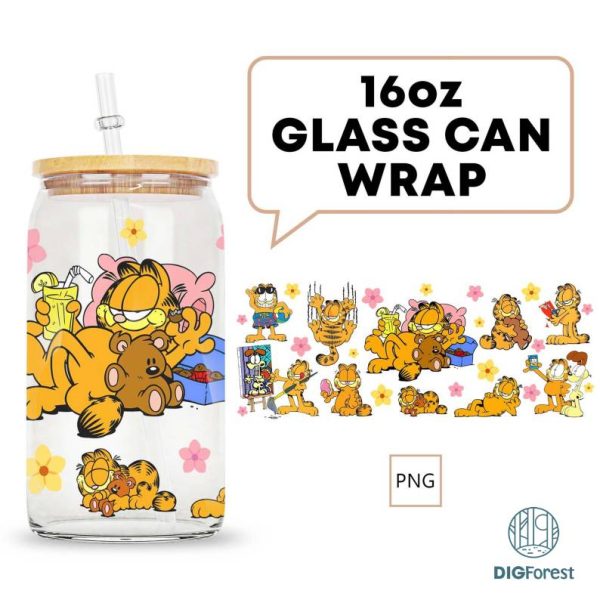 Garfield Cat Cartoon 80S Glass Can, 80S Cartoons Png, Garfield Summer Libbey Glass Can, Retro 80S Cartoons Wrap, Garfield Swimming Pool