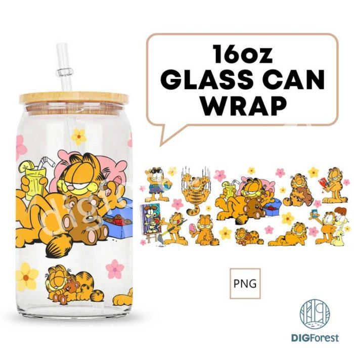 Garfield Cat Cartoon 80S Glass Can, 80S Cartoons Png, Garfield Summer Libbey Glass Can, Retro 80S Cartoons Wrap, Garfield Swimming Pool