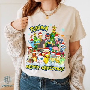 Pikachu Eevee Charmander Christmas PNG, Pocket Monster Christmas Shirt, Pkm Pocket Ball Christmas Shirt, Anime Lovers Gifts